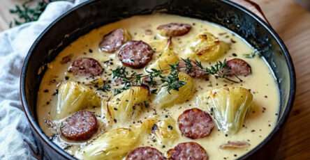 Endives fondantes aux saucisses fumées dans une sauce crémeuse dorée