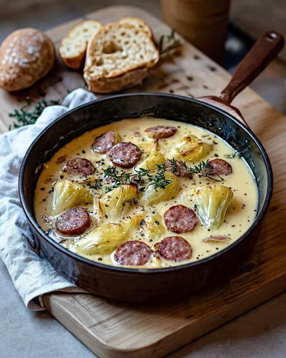 Endives fondantes aux saucisses fumées dans une sauce crémeuse dorée