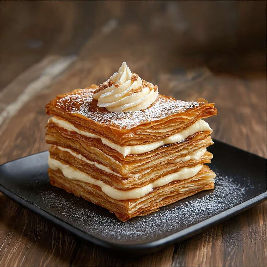 Mille-feuille crème vanille croustillant avec pâte feuilletée dorée