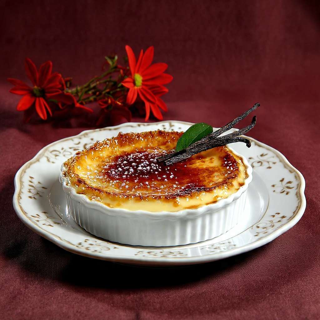 Crème brûlée vanille intense avec croûte caramélisée dorée et brillante