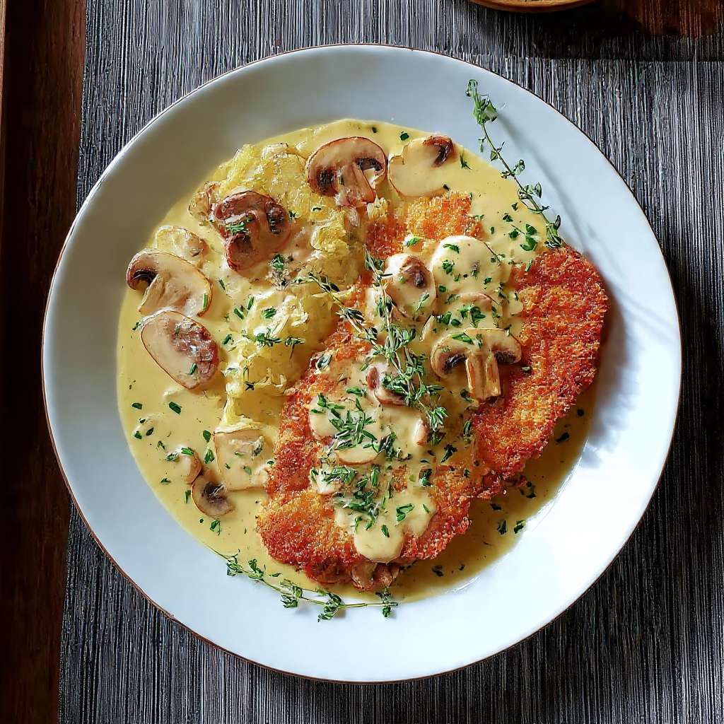 Escalope milanaise crème champignons servie avec sauce onctueuse et champignons poêlés