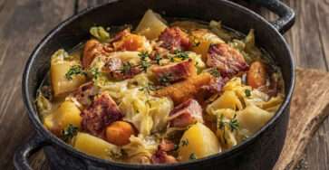 Potée paysanne au chou vert avec légumes racines et lard fumé mijotés