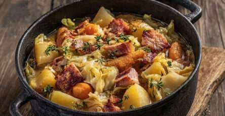 Potée paysanne au chou vert avec légumes racines et lard fumé mijotés