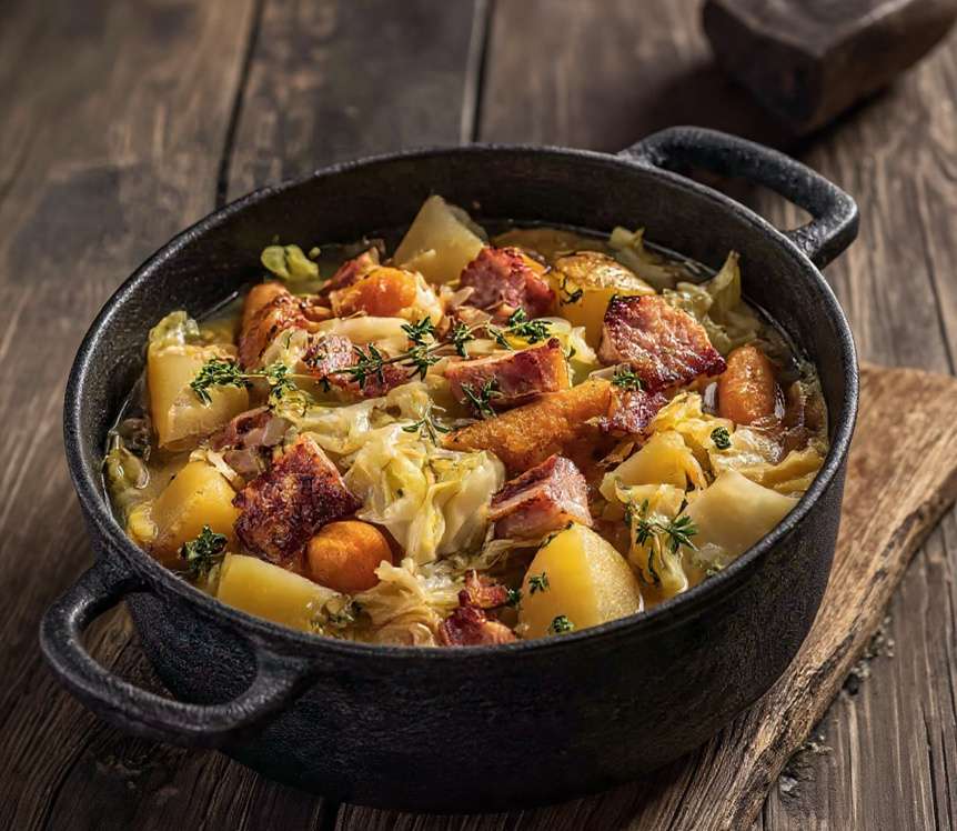 Potée paysanne au chou vert avec légumes racines et lard fumé mijotés