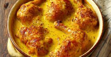 Poulet mijoté à la moutarde à l’ancienne avec sauce crémeuse et oignons fondants