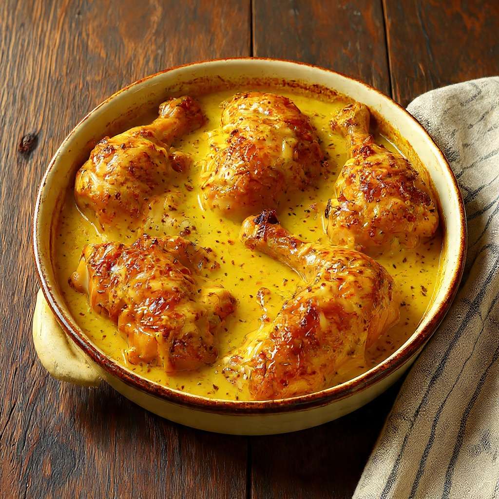 Poulet mijoté à la moutarde à l’ancienne avec sauce crémeuse et oignons fondants