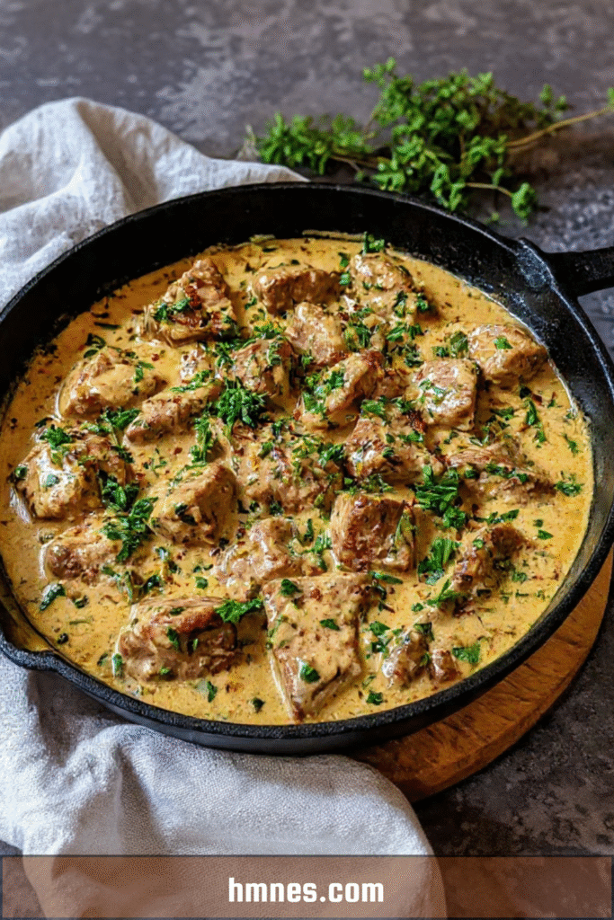 Sauté de porc moutarde crème mijoté avec sauce onctueuse et viande fondante