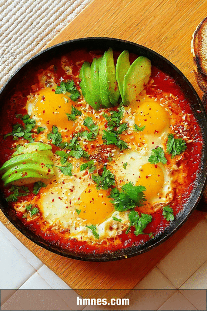 Shakshuka aux œufs et avocat avec sauce tomate, feta et herbes fraîches