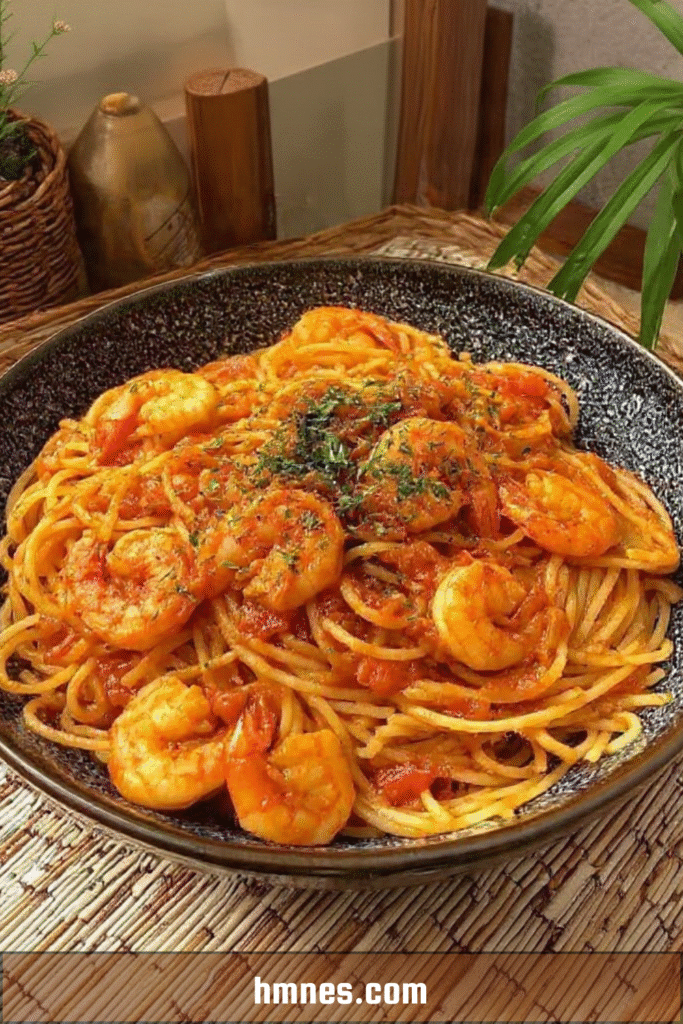 Spaghetti aux crevettes sauce tomate avec persil et sauce maison