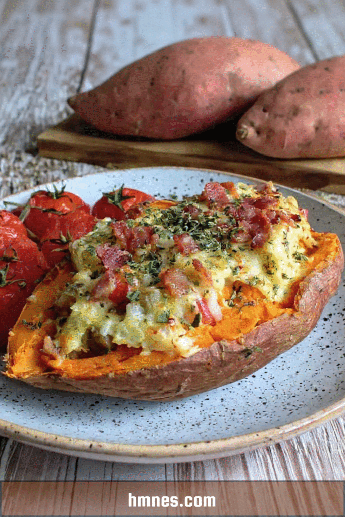 Patate douce farcie au fromage et lardons gratinée au four