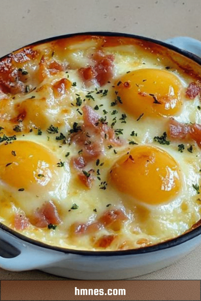Œufs cocotte fromage lardons servis en ramequin avec fromage fondu et lardons croustillants