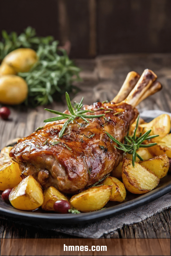 Souris d’agneau rôtie au four accompagnée de pommes de terre fondantes et herbes aromatiques