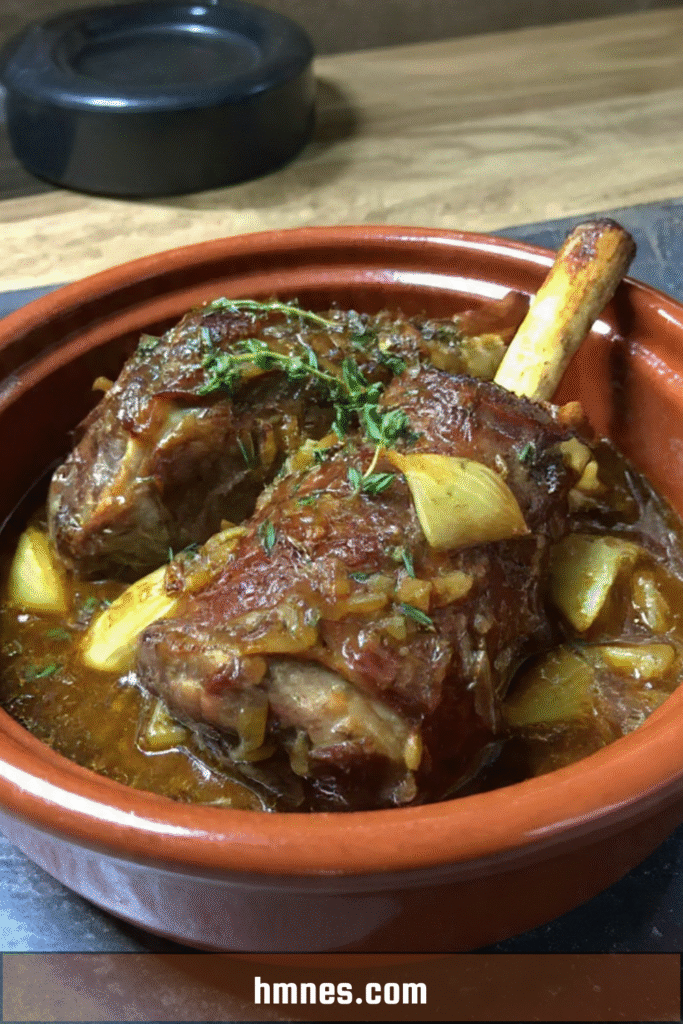 Souris d’agneau confite au four avec sauce réduite, oignons fondants et jus brillant