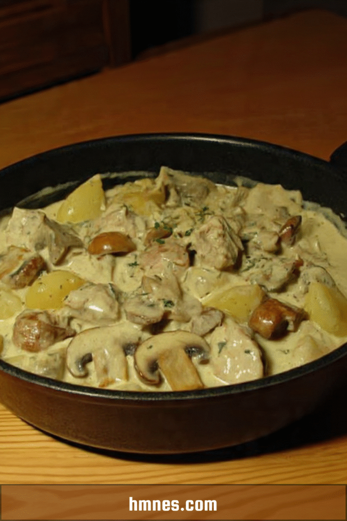 Sauté de porc à la crème et champignons avec pommes de terre fondantes en cocotte