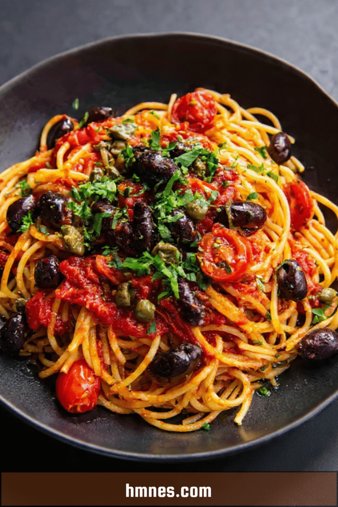 Spaghetti sauce tomate aux olives noires et câpres servis dans une assiette méditerranéenne