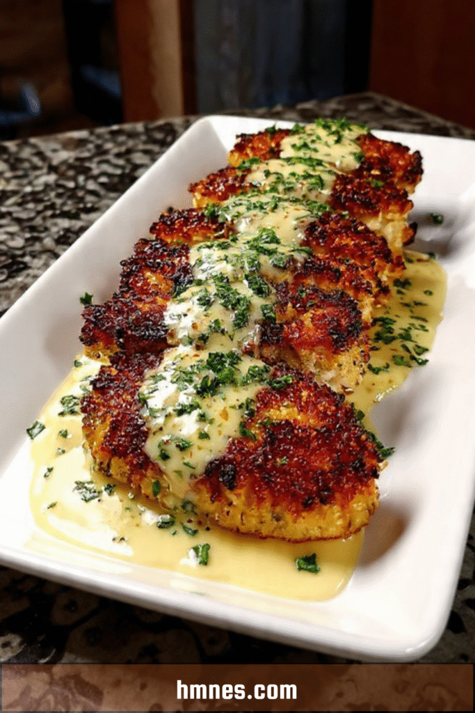 Poulet croustillant sauce ail parmesan nappé de sauce crémeuse et dorée