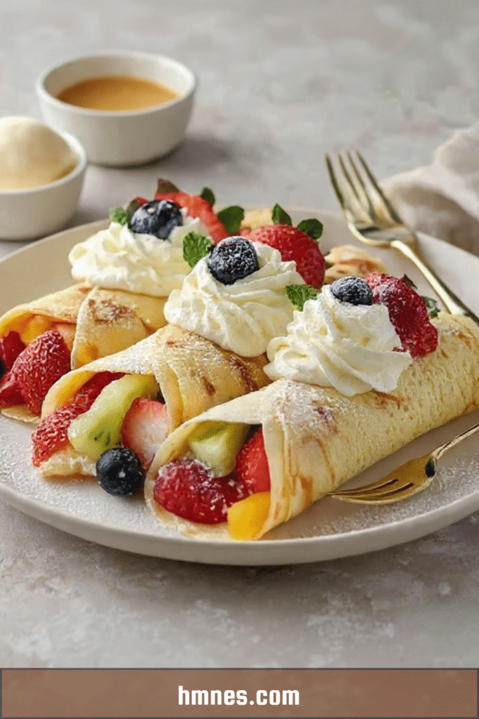 Crêpes roulées aux fruits et chantilly garnies de fruits frais colorés