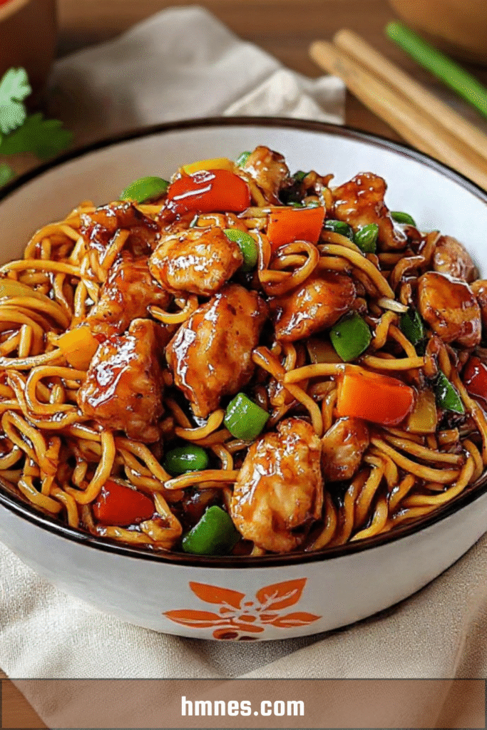 Nouilles sautées au poulet épicé avec légumes croquants et sauce asiatique brillante servies dans un bol