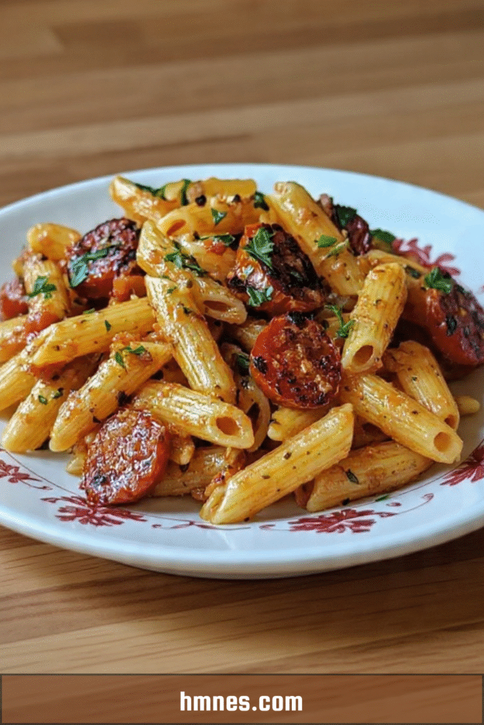 Pâtes chorizo tomates cerises servies chaudes avec sauce parfumée au paprika et persil frais