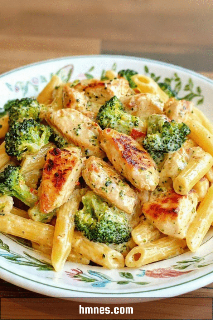 Pâtes poulet brocolis crémeuses servies chaudes avec sauce onctueuse au parmesan