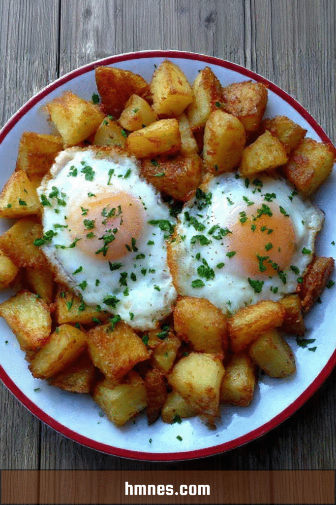 Œufs au plat pommes de terre sautées à l’ancienne dorées et croustillantes dans une poêle