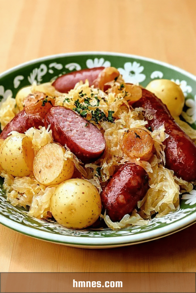 Choucroute garnie alsacienne traditionnelle servie chaude avec saucisses, palette fumée et pommes de terre