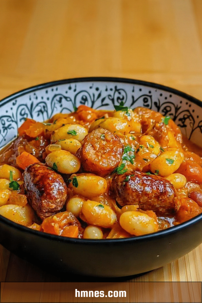 Cassoulet maison traditionnel servi chaud avec haricots blancs, confit de canard et saucisses de Toulouse