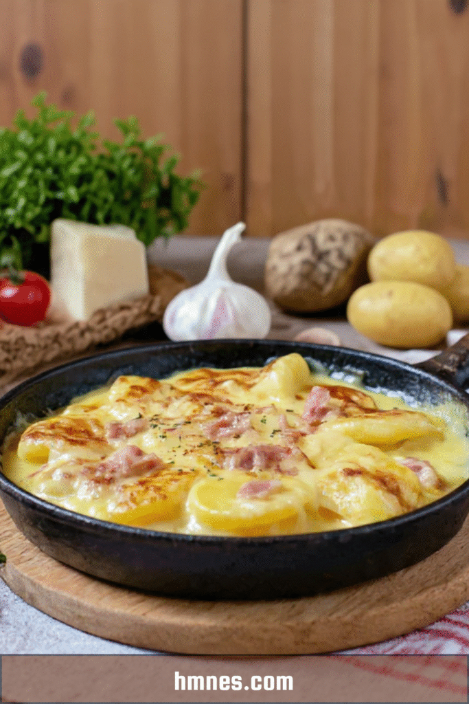 Truffade auvergnate traditionnelle au fromage et pommes de terre dorées dans une poêle en fonte