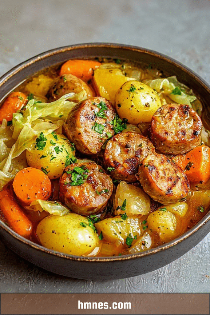 Potée aux saucisses mijotée avec légumes fondants dans une grande cocotte traditionnelle