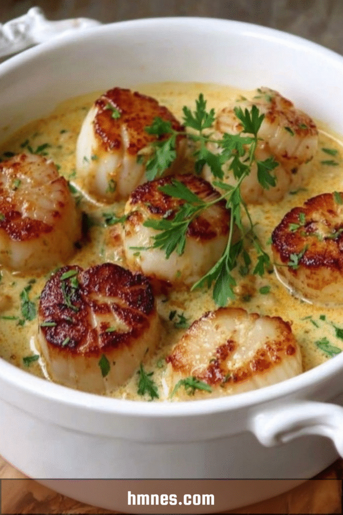 Noix de saint jacques crème persil poêlées avec sauce crémeuse