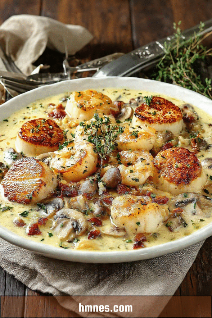 Saint jacques crevettes crème avec champignons et lardons dans une sauce onctueuse
