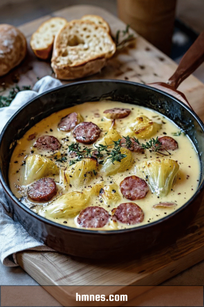 Endives fondantes aux saucisses fumées dans une sauce crémeuse dorée