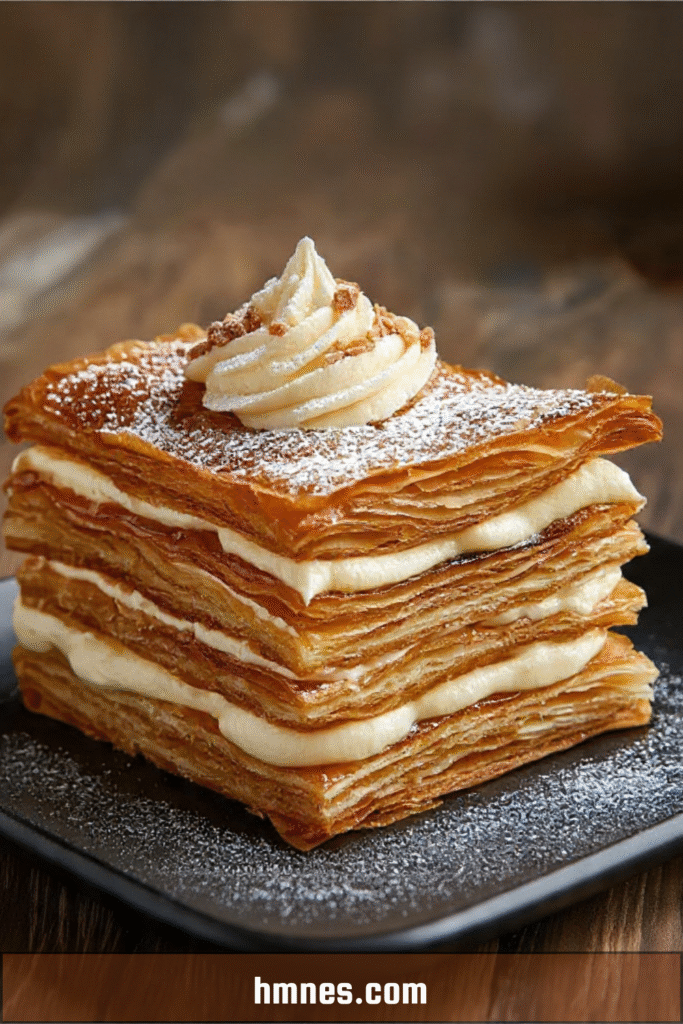 Mille-feuille crème vanille croustillant avec pâte feuilletée dorée