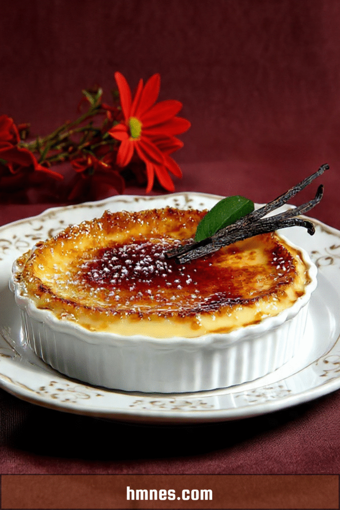 Crème brûlée vanille intense avec croûte caramélisée dorée et brillante