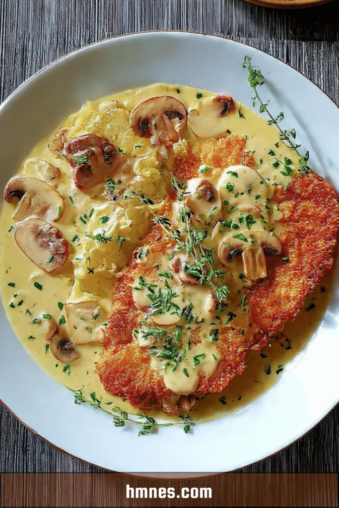 Escalope milanaise crème champignons servie avec sauce onctueuse et champignons poêlés