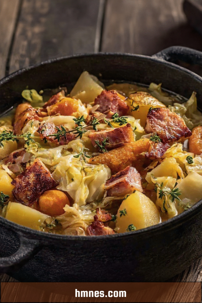 Potée paysanne au chou vert avec légumes racines et lard fumé mijotés