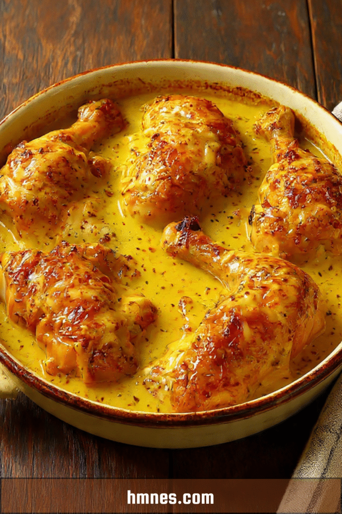 Poulet mijoté à la moutarde à l’ancienne avec sauce crémeuse et oignons fondants