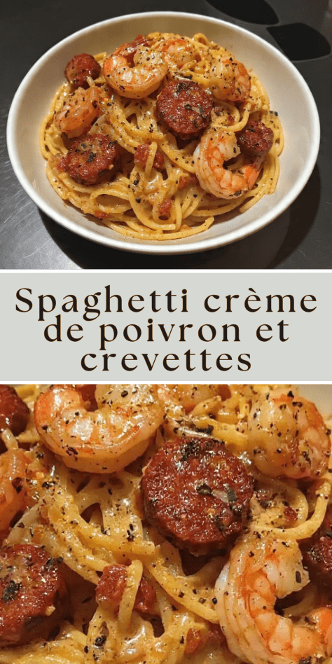 Spaghetti crème de poivron chorizo crevettes servis avec sauce onctueuse et fruits de mer