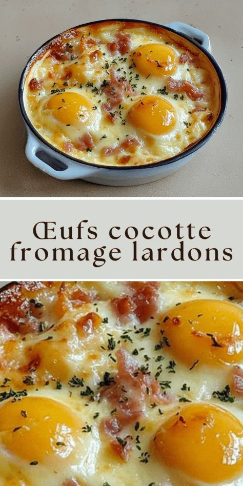 Œufs cocotte fromage lardons servis en ramequin avec fromage fondu et lardons croustillants