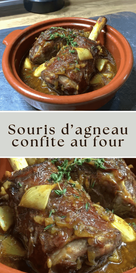 Souris d’agneau confite au four avec sauce réduite, oignons fondants et jus brillant