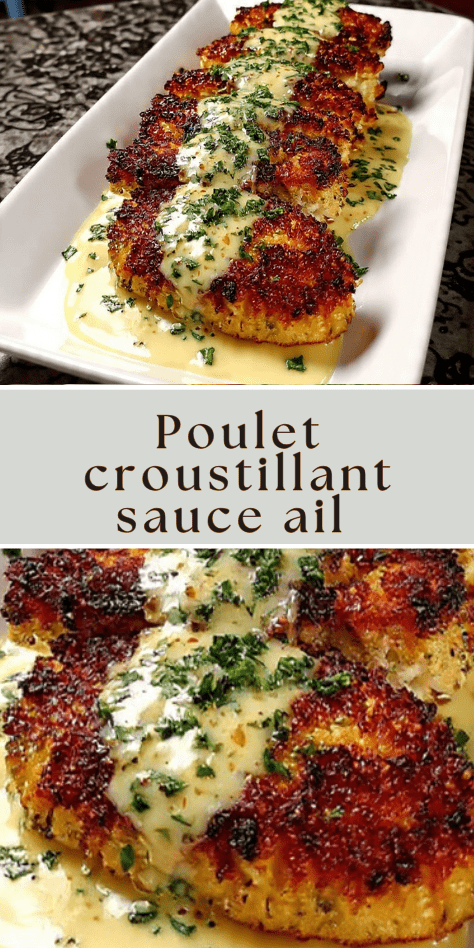 Poulet croustillant sauce ail parmesan nappé de sauce crémeuse et dorée