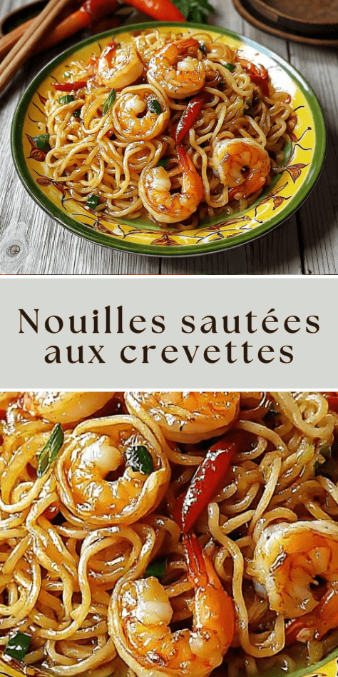 Nouilles sautées aux crevettes épicées avec légumes croquants et sauce asiatique brillante servies dans un bol