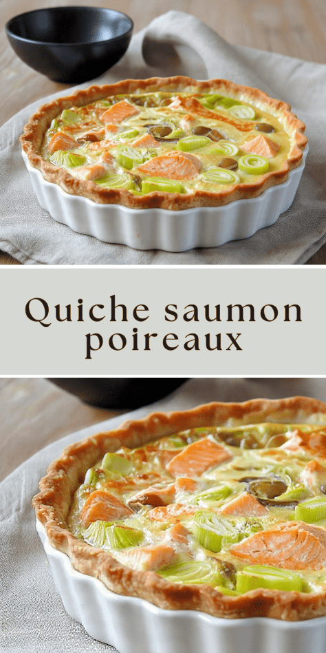 Quiche saumon poireaux fondante et dorée au four avec fromage gratiné et pâte croustillante