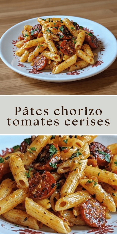 Pâtes chorizo tomates cerises servies chaudes avec sauce parfumée au paprika et persil frais