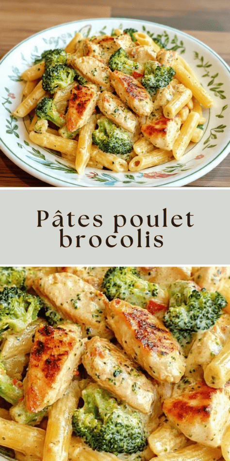 Pâtes poulet brocolis crémeuses servies chaudes avec sauce onctueuse au parmesan