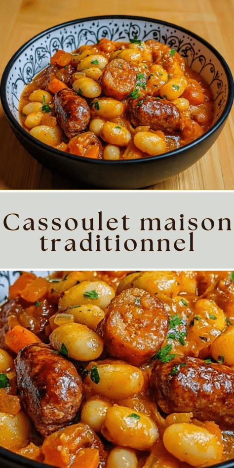 Cassoulet maison traditionnel servi chaud avec haricots blancs, confit de canard et saucisses de Toulouse