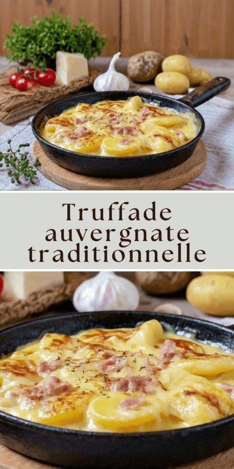 Truffade auvergnate traditionnelle au fromage et pommes de terre dorées dans une poêle en fonte
