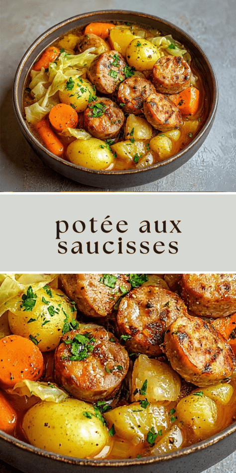 Potée aux saucisses mijotée avec légumes fondants dans une grande cocotte traditionnelle