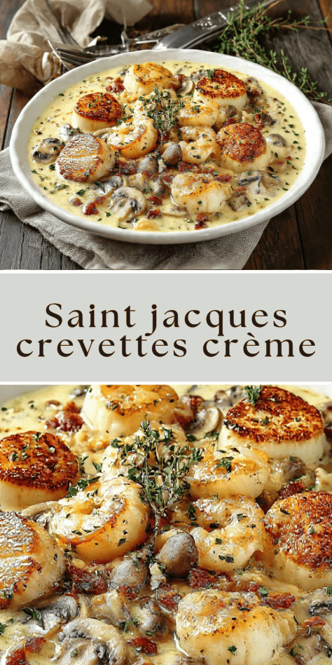 Saint jacques crevettes crème avec champignons et lardons dans une sauce onctueuse