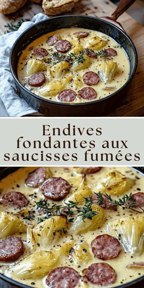 Endives fondantes aux saucisses fumées dans une sauce crémeuse dorée